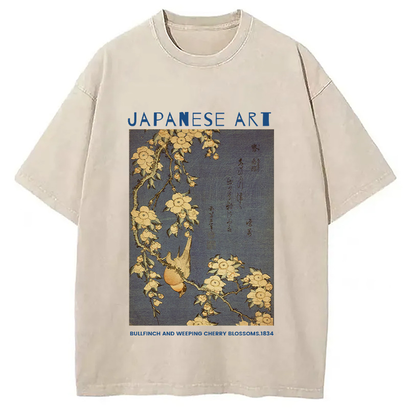 Bullfinch and Weeping Cherry Blossoms Washed T-Shirt Retro Streetwear Graphic Top Gifts For Sister