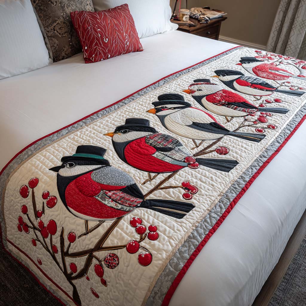 Bullfinch Holiday Joy Quilted Bed Runner Aesthetic Room Decor Christmas Gifts For Friends