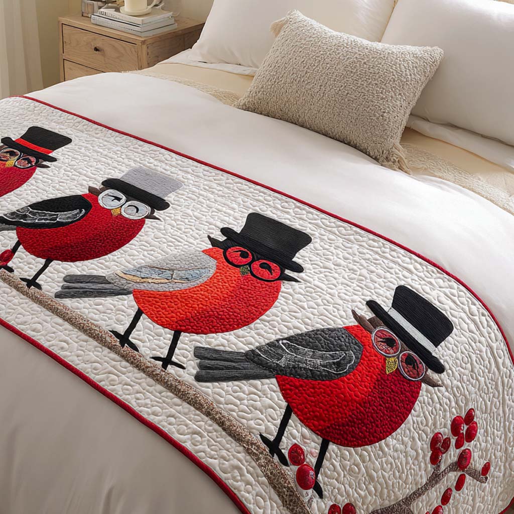 Bullfinch Winter Song Quilted Bed Runner Christmas Bedroom Decor Secret Santa Gifts