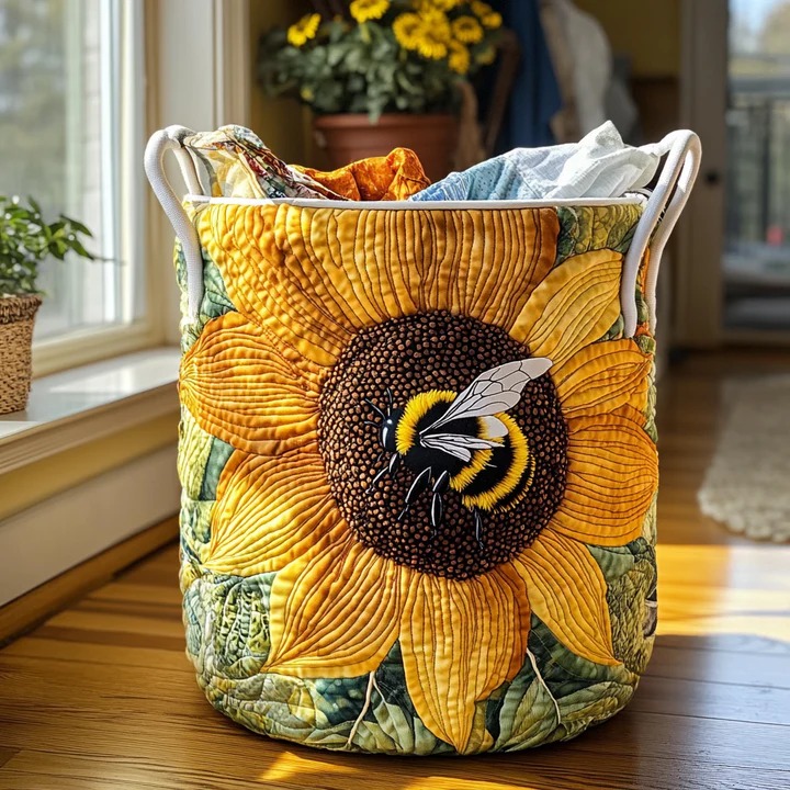Bumblebee Giant Sunflower Quilted Laundry Basket Boho Garden Home Decor Best Gift For Bee Lovers