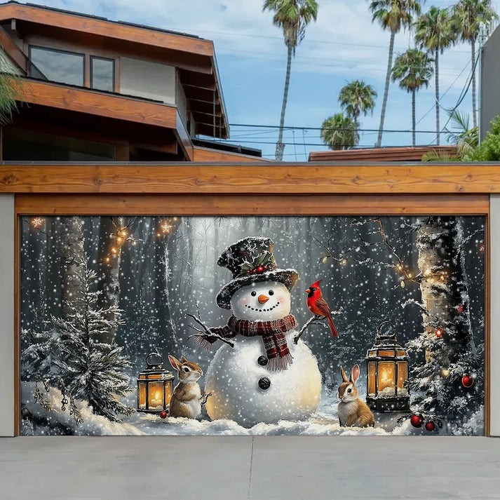 Bunnies Cardinals Snowman With Lanterns Christmas Garage Door Cover Winter Forest Gara Decorations