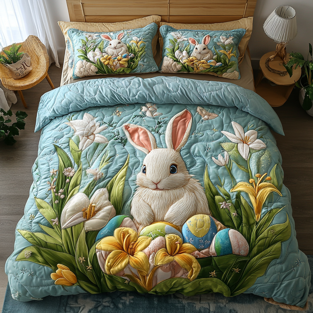 Bunny Bloom Quilted Bedding Set Holiday Duvet Covers Gifts With Rabbits On Them