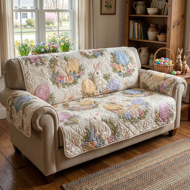 Bunny Blossom Quilted Sofa Cover Easter Furniture Decor Gift For Bunny Lovers