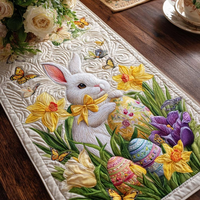 Bunny Blossom Quilted Table Runner Easter Spring Table Decor Best Gift For Easter Lovers