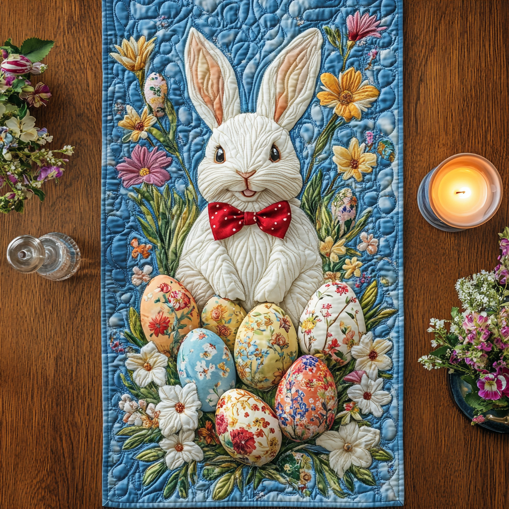 Bunny Blue Haven Quilted Table Runner Elegant Easter Table Decor Birthday Gifts For Friends