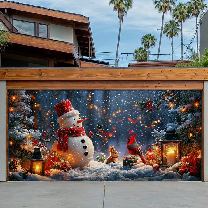 Bunny Cardinal Cheerful Forest Snowman Garage Door Cover Cozy Xmas Festival Decor Gifts