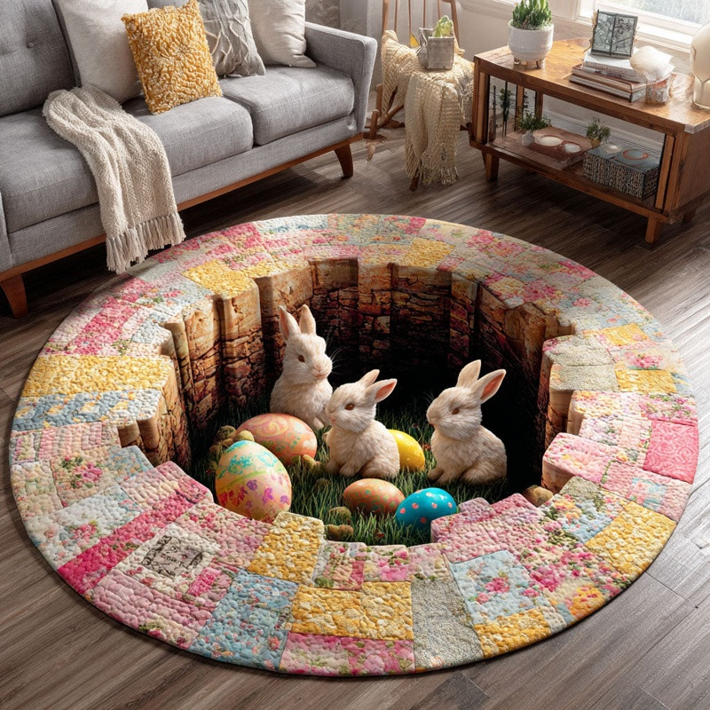 Bunny Egg Garden Quilted Round Mat Easter Home Decor Gift For Easter Lovers