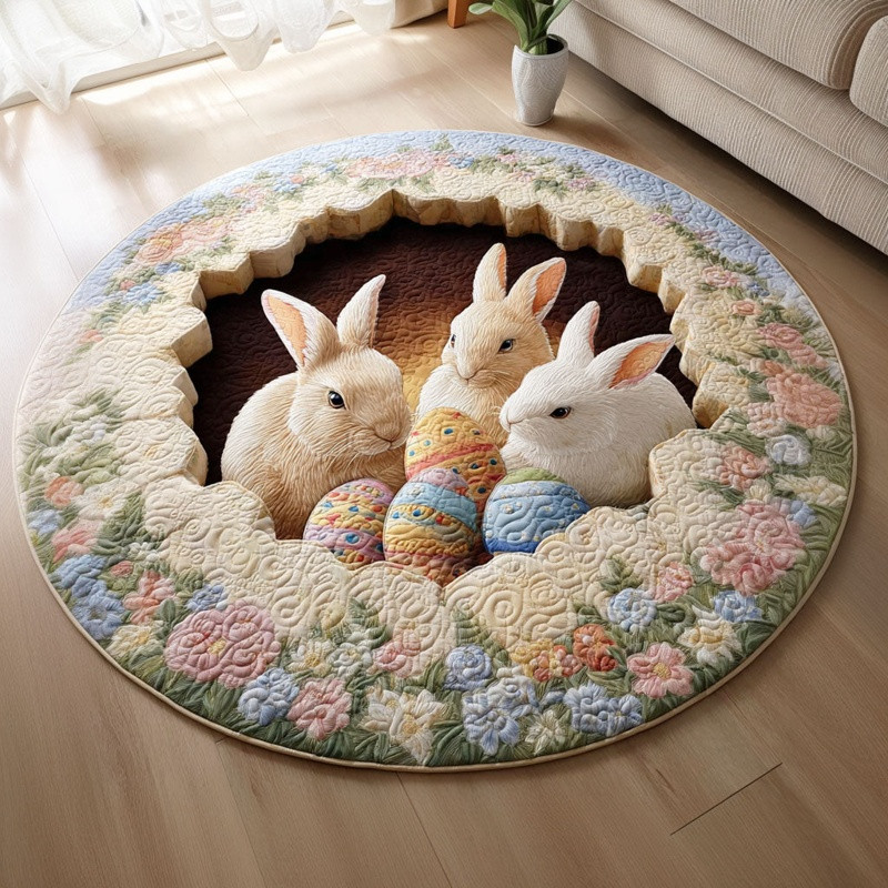 Bunny Egg Meadow Quilted Round Mat Easter Spring Decor Gift For Easter Lovers