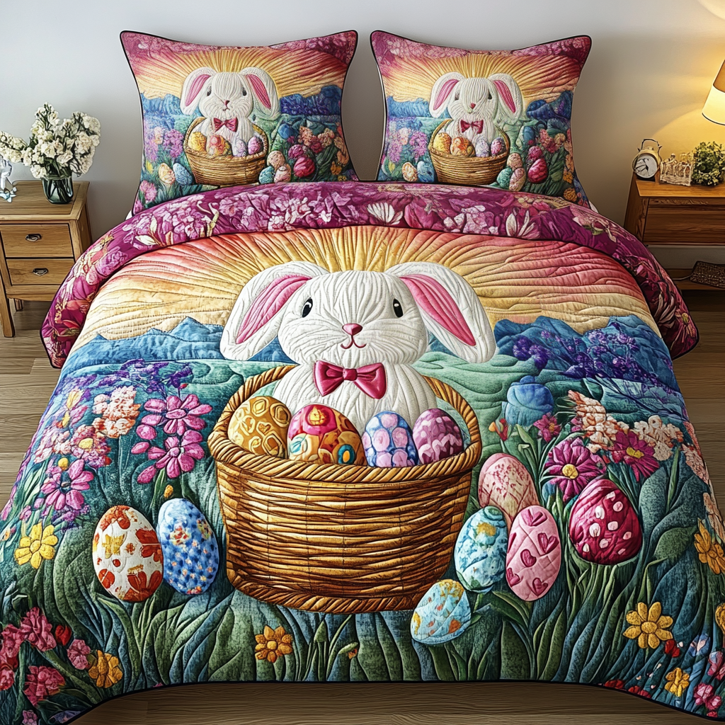 Bunny Hop Comfort Quilted Bedding Set Holiday Duvet Covers Best Easter Presents