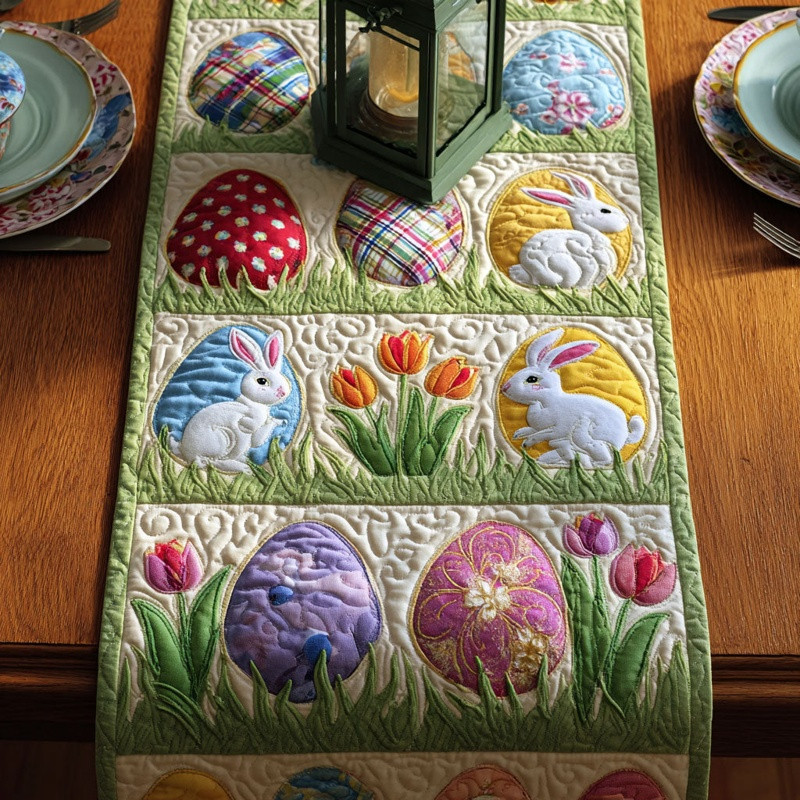 Bunny In Bloom Quilted Table Runner Easter Floral Table Decor Gift For Easter Lovers