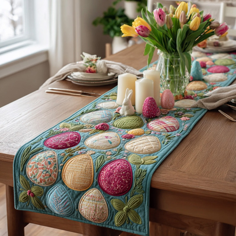 Bunny Meadow Quilted Table Runner Easter Spring Table Decor Gift For Easter Lovers
