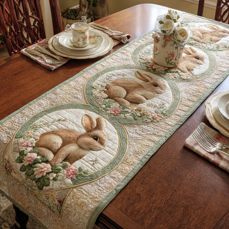 Bunny Parade Quilted Table Runner Easter Festive Table Decor Gift For Easter Lovers