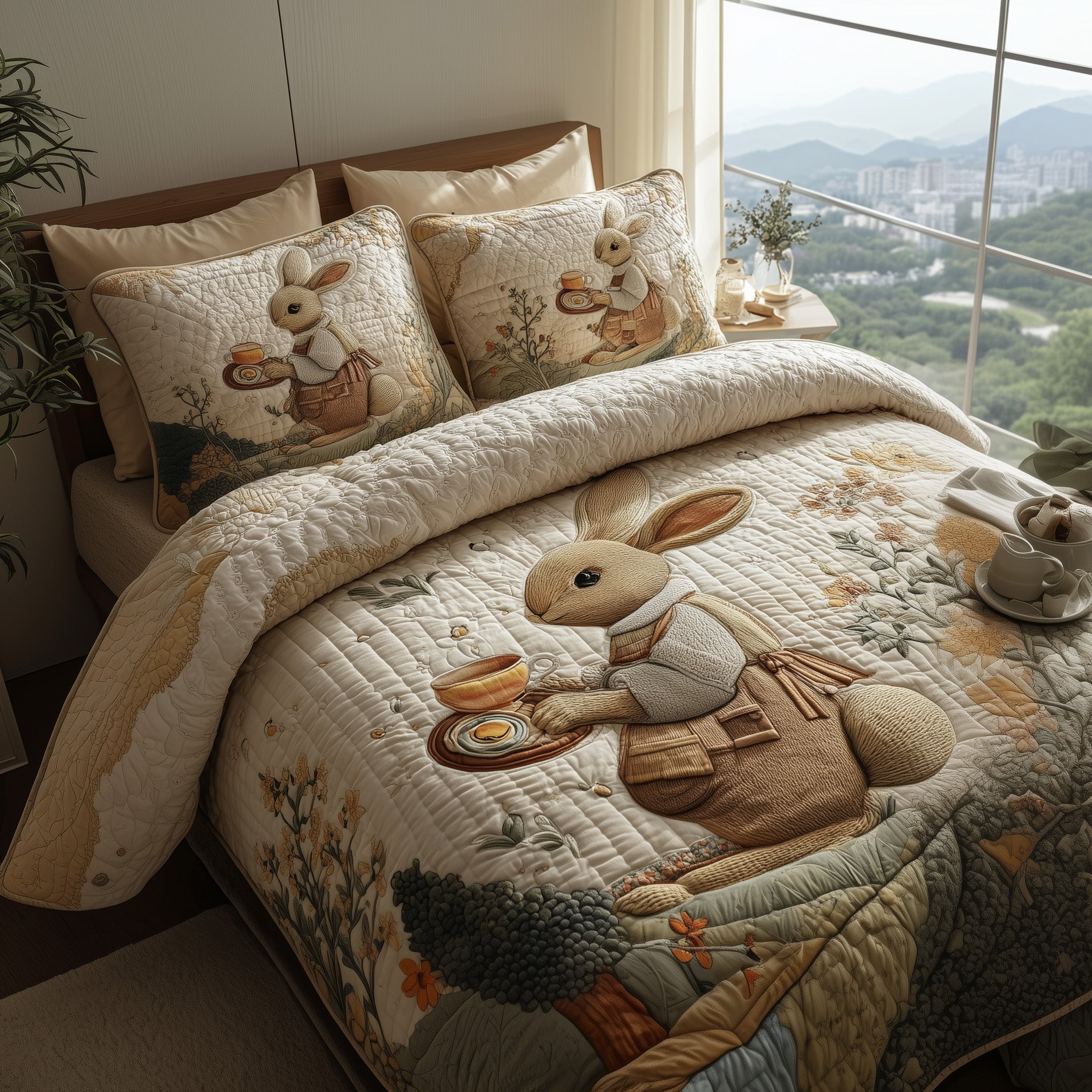 Bunny Quilted Bedding Set Duvet Cover Bedspread Gift For Rabbit
