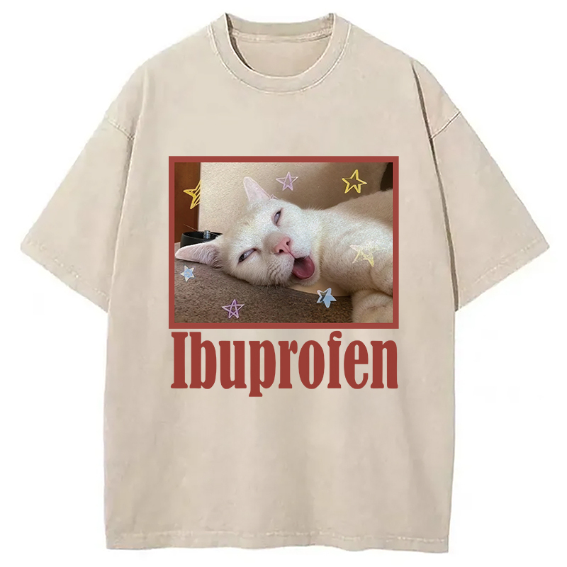 Buprofen Cat Meme Washed T-Shirt Casual Vintage Everyday Look Gifts For Him