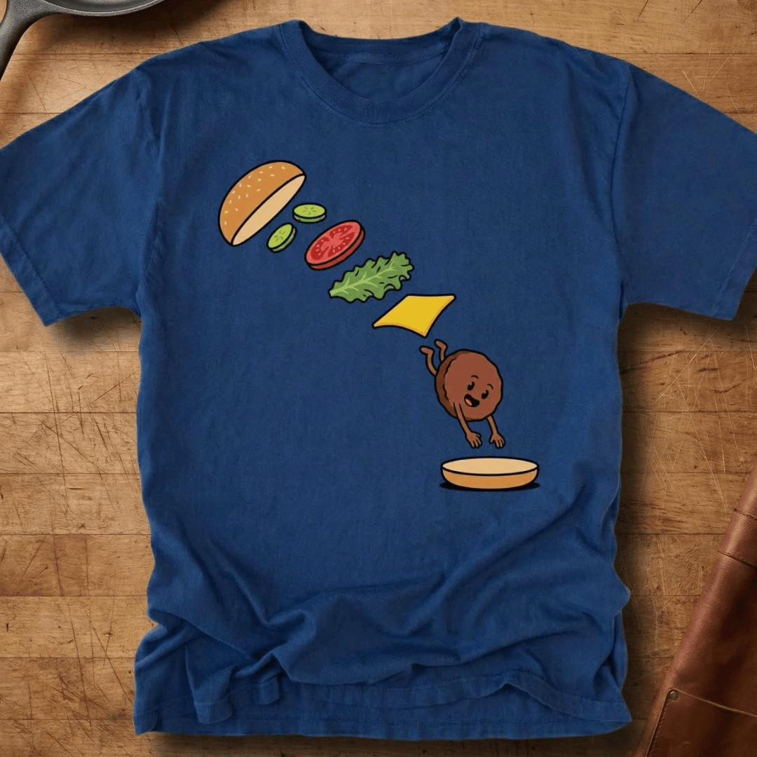 Burger Ingredients With A Jumping Patty T-Shirt Assembly Cute Character Merch Gift For Her