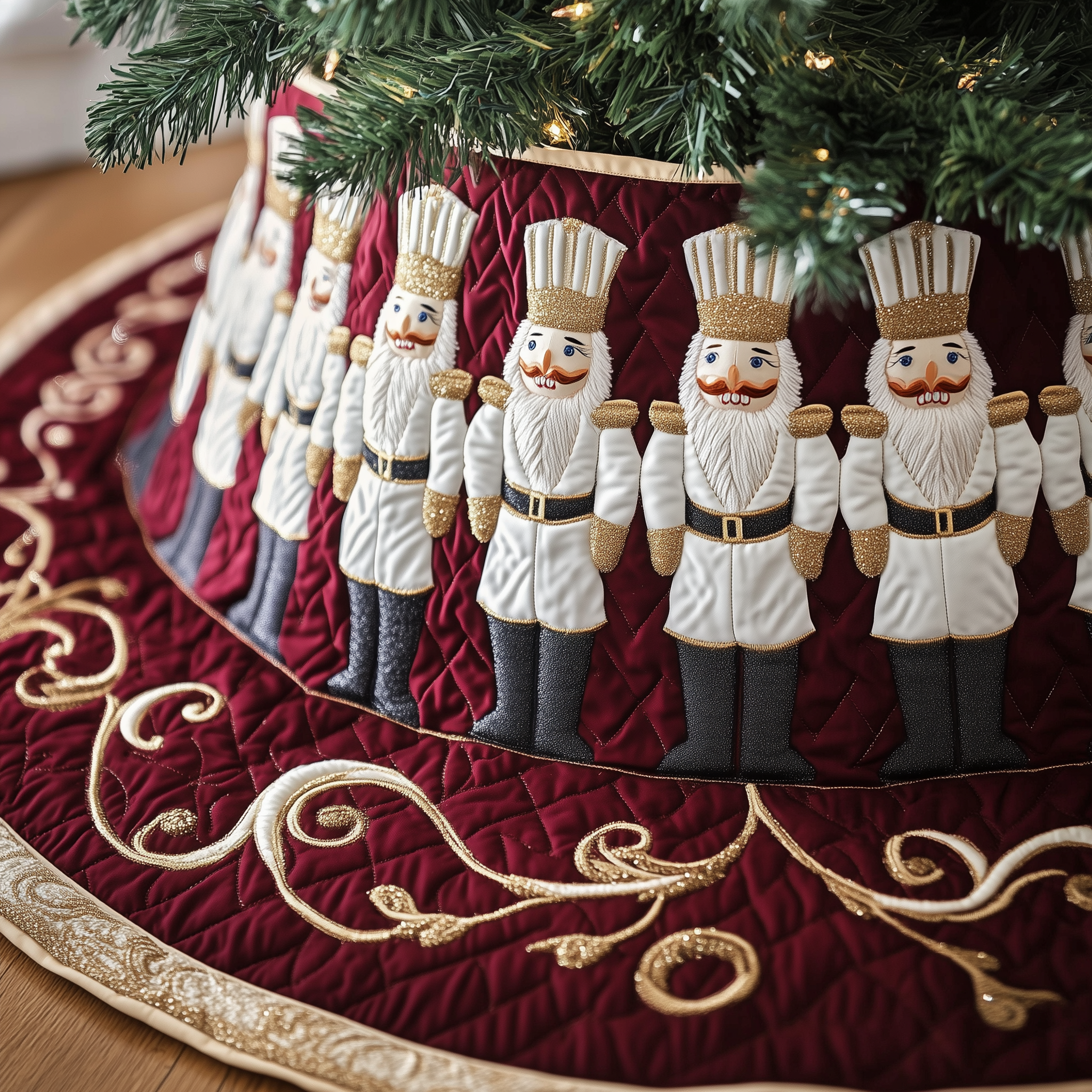 Burgundy Nutcracker Christmas Tree Skirt Quilted Handmade Holiday Decoration for Luxury Christmas Home