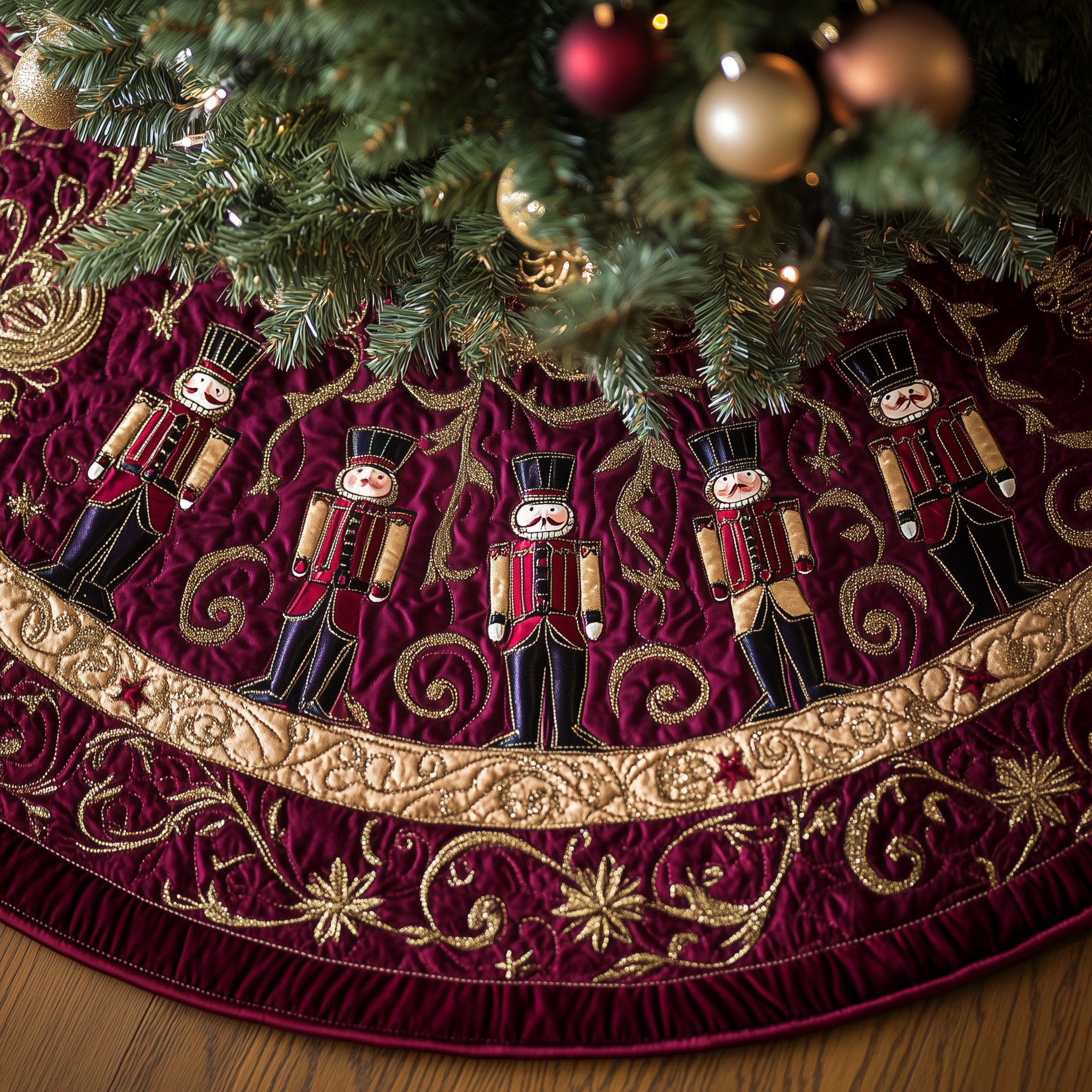 Burgundy Nutcracker Christmas Tree Skirt Quilted Handmade Holiday Gift for Elegant Festive Decor