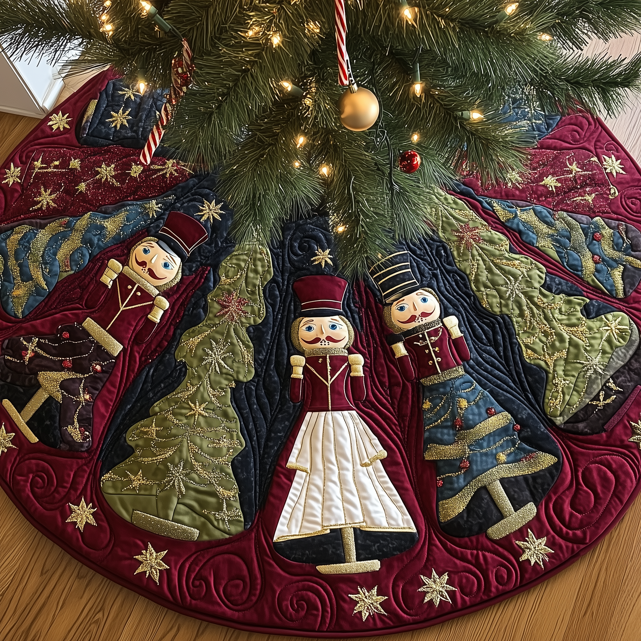 Burgundy Nutcrackers Quilted Tree Skirt Heartfelt Gift Merch For Mom