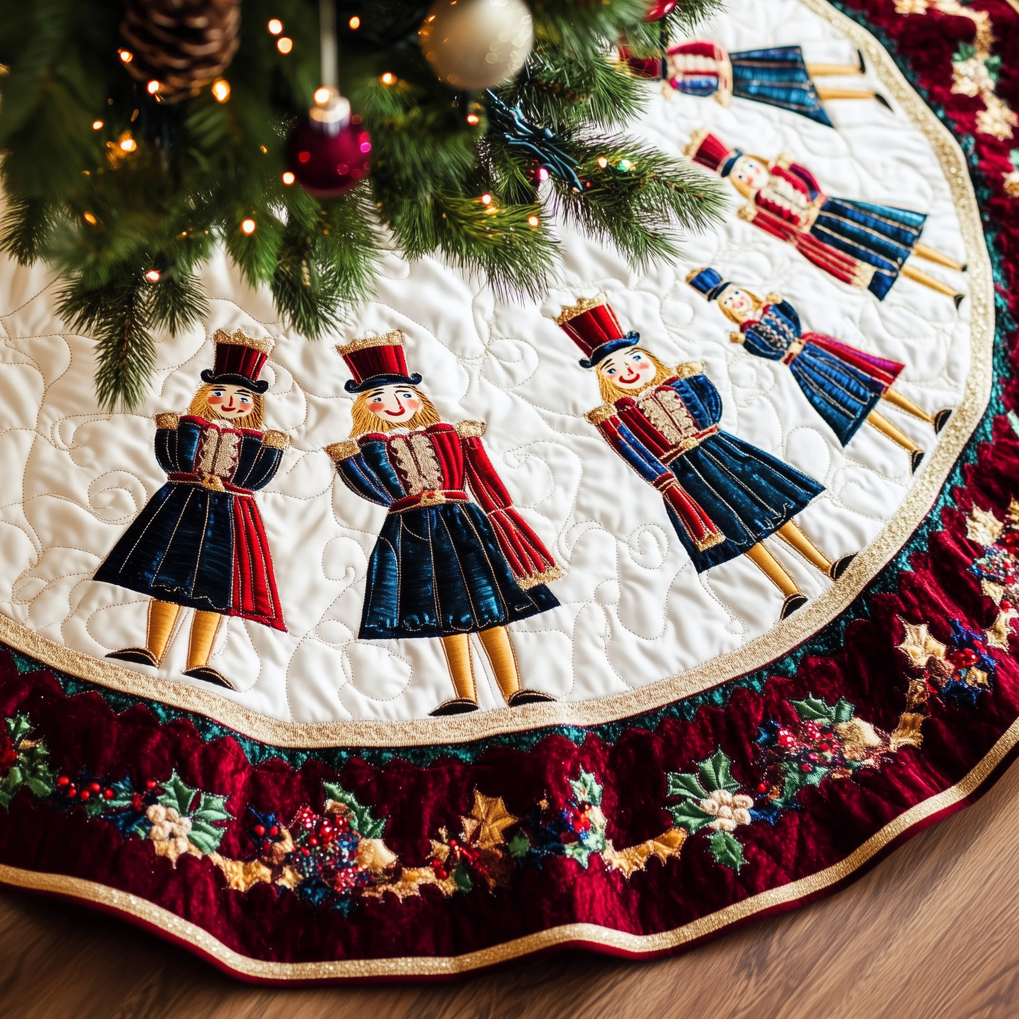 Burgundy Nutcrackers Quilted Tree Skirt Lovely Gift Merch For Couples
