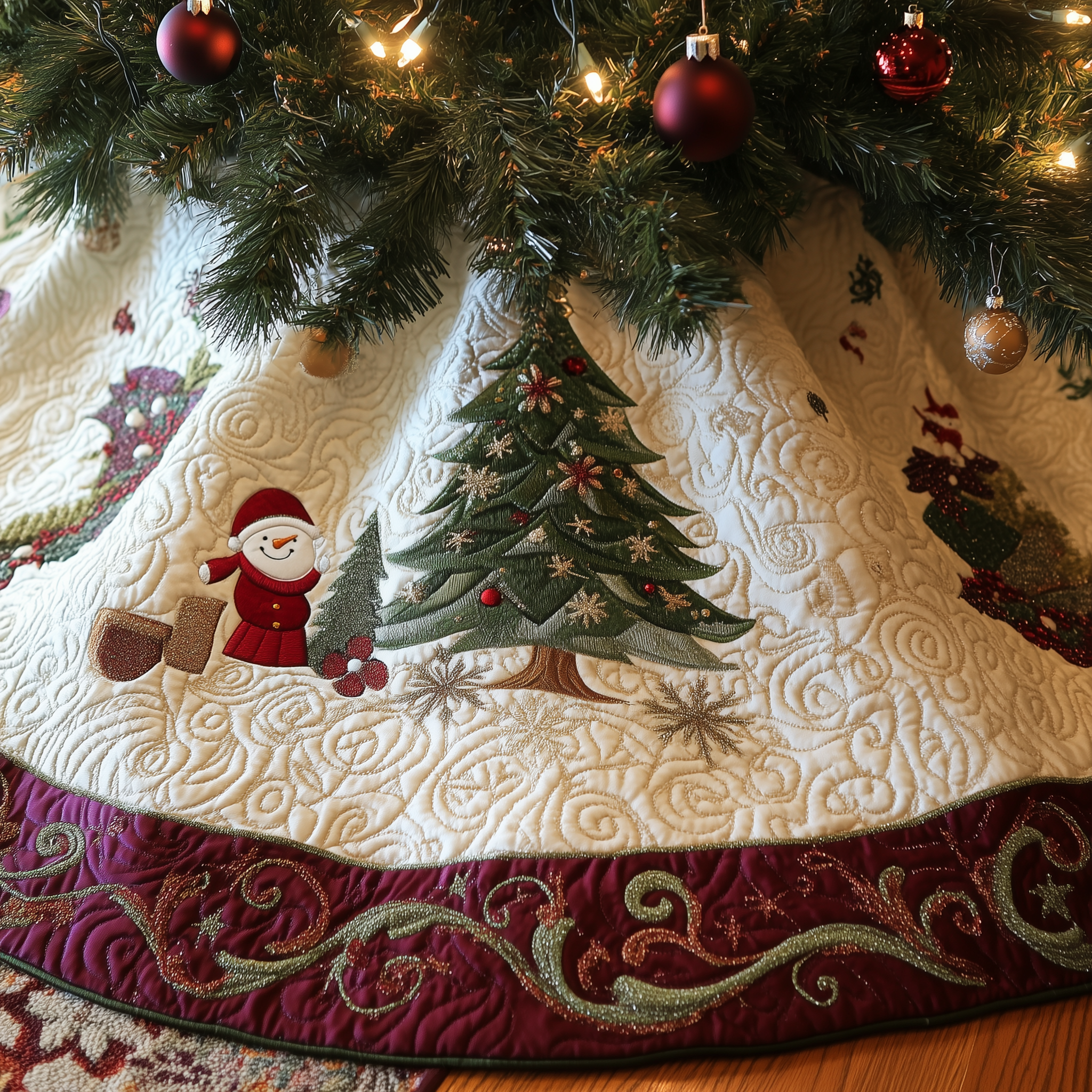 Burgundy Snowmen Quilted Tree Skirt Hoilday Tree Skirt Xmas Tree Surround Base Cover Indoor Christmas Decorations