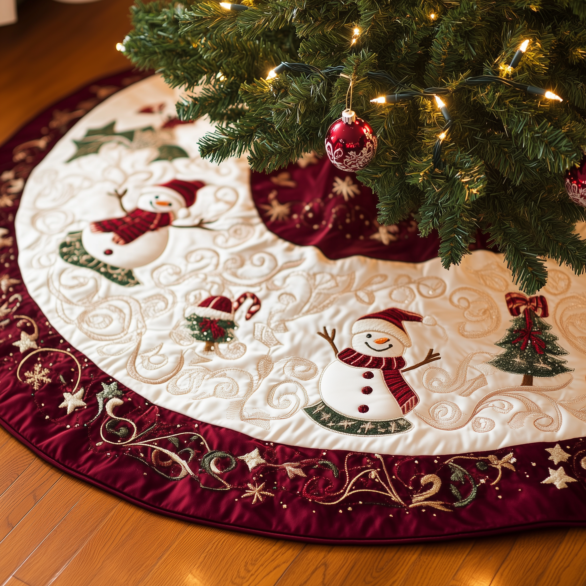 Burgundy Snowmen Quilted Tree Skirt Must-Have Holiday Decor Merch
