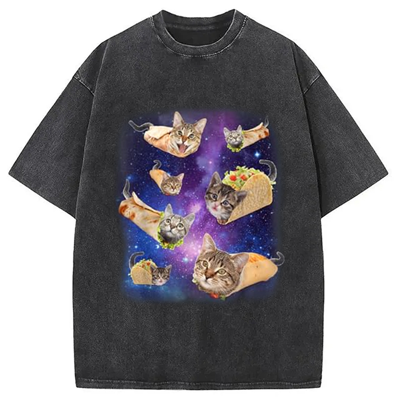 Burrito Cat and Taco Cat Space Galaxy Meme Washed T-Shirt Casual Oversized Outfit Style Gifts For Brother