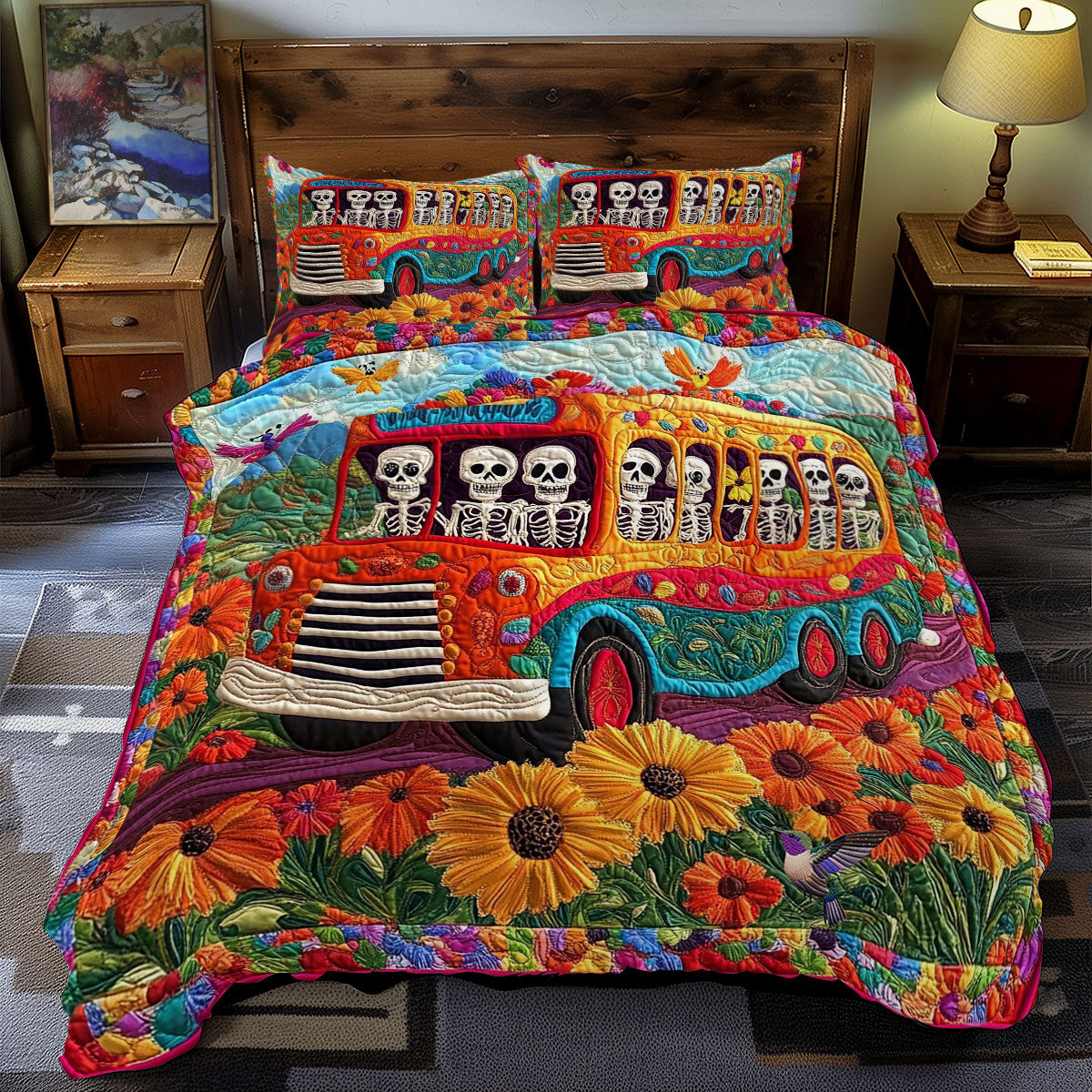 Bus Of Skeleton Quilted Bedding Set Duvet Cover Bedspread Bedroom Decor Gifts For Boyfriend