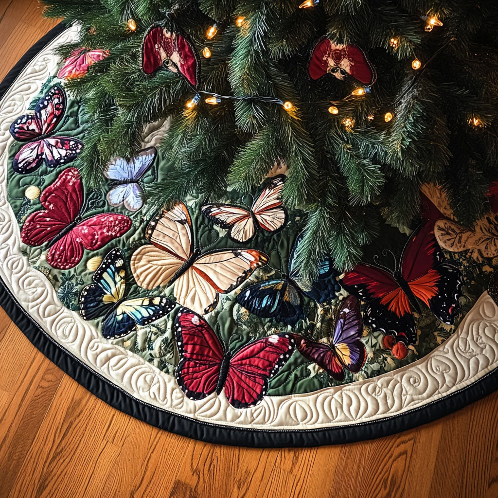 Butterflies In Bloom Quilted Christmas Tree Skirt Merry And Bright Holiday Decor