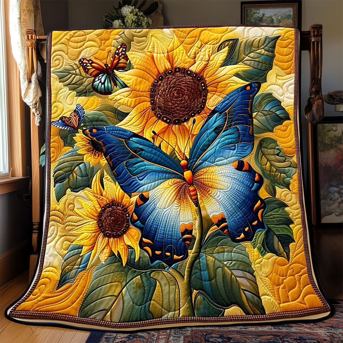 Butterflies Sunflower Quilt Blanket King Size Throw Blanket Fathers Day Gifts For Husband