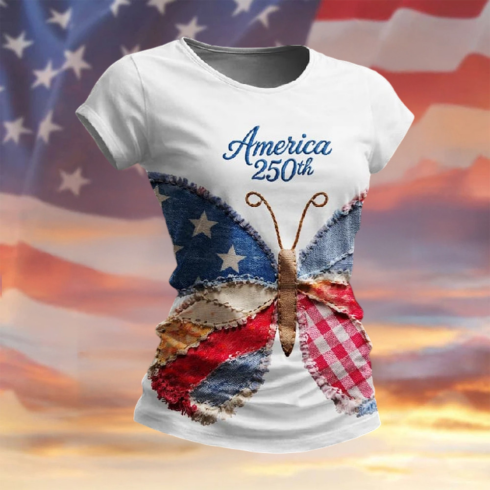 Butterfly America 250th Anniversary T-Shirt Independence Day Clothes Present For Patriotic Wife