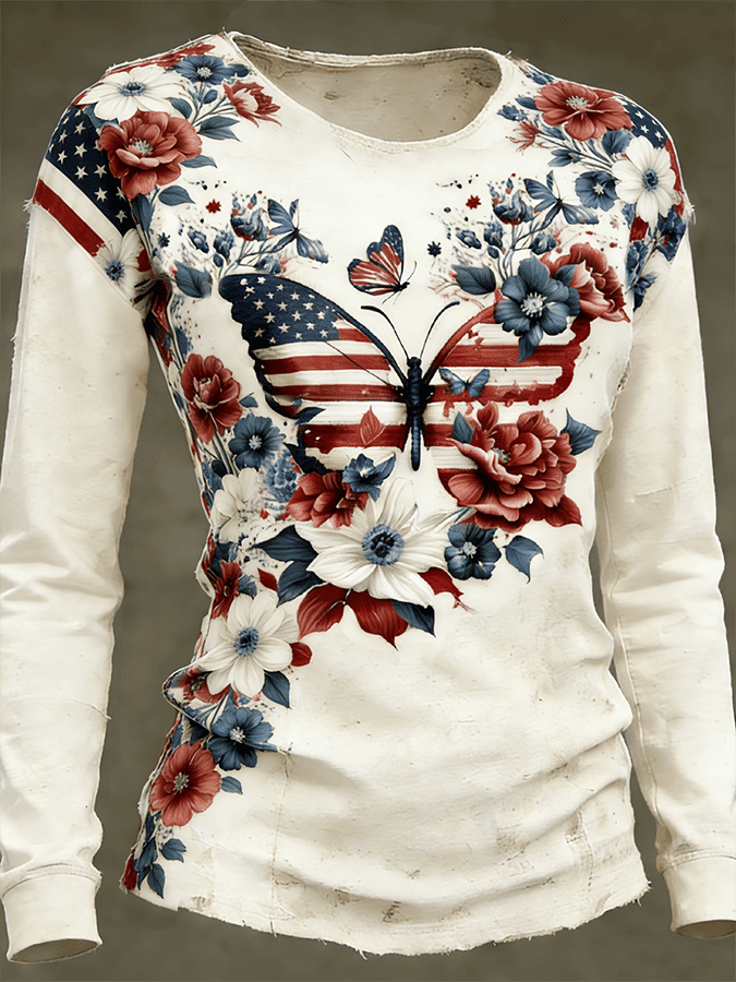 Butterfly American 250th Anniversary Floral Long Sleeve Shirt America's 250 Birthday Merch