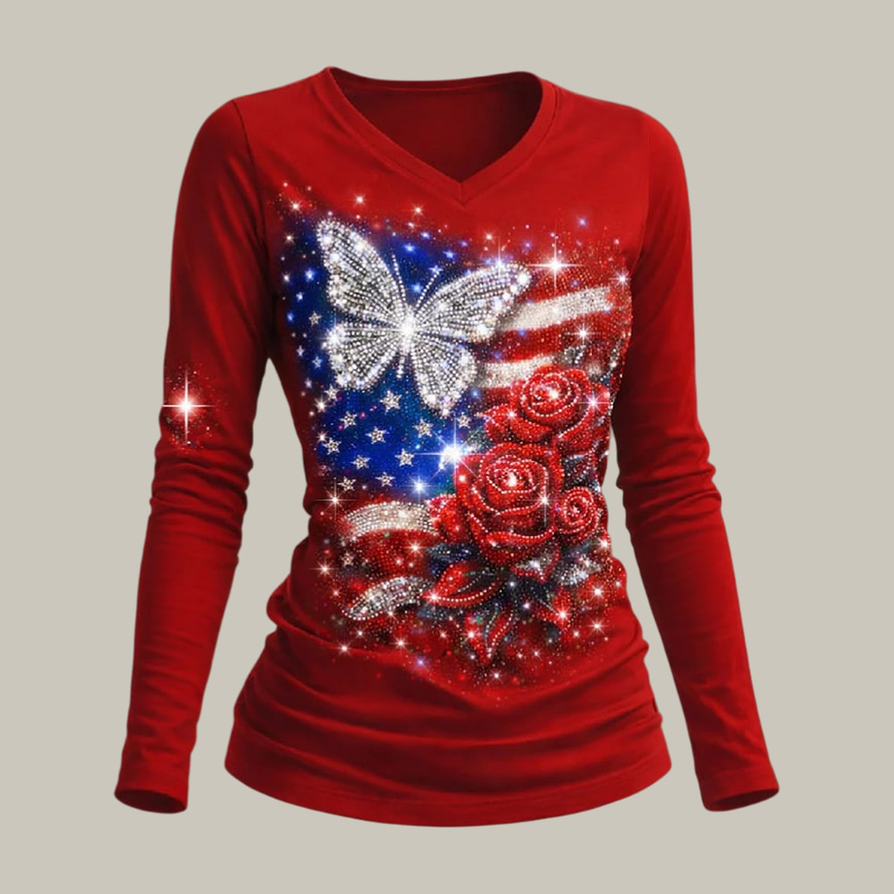 Butterfly American 250th Anniversary V-Neck Long Sleeve Shirt Independence Day 2026 Clothing