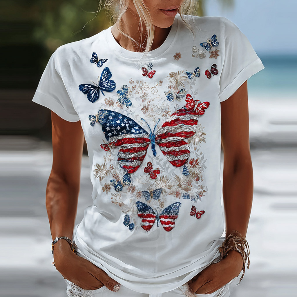 Butterfly American Flag Art T-Shirt America's Birthday Clothes Fourth Of July Present