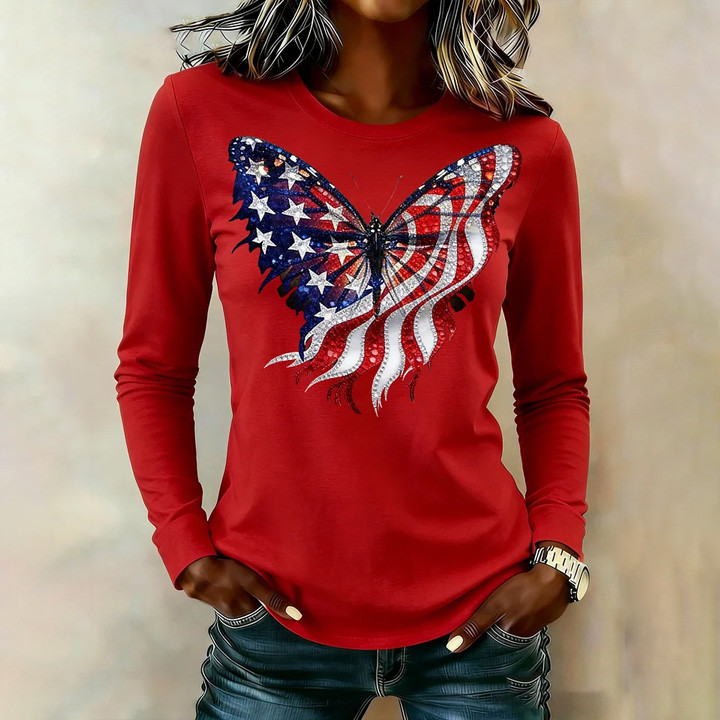 Butterfly American Flag Long Sleeve Shirt Independence Day Clothing 4Th Of July Merch