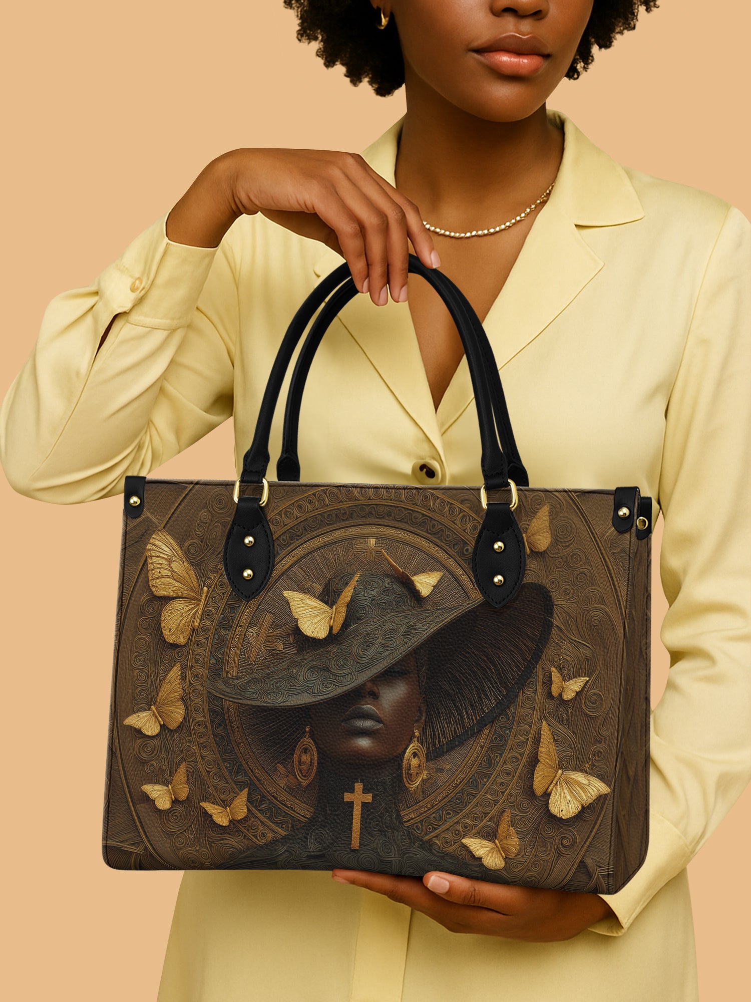Butterfly And African Women Leather Handbag Cross Christian Melanin Black Women Gifts