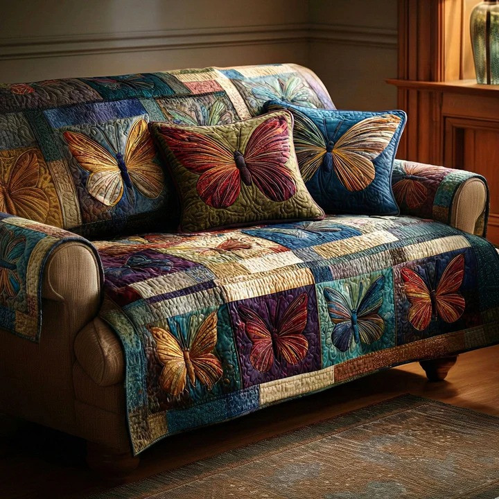 Butterfly Charm Quilted Sofa Cover Colorful Nature Furniture Protector Best Gift For Butterfly Fans