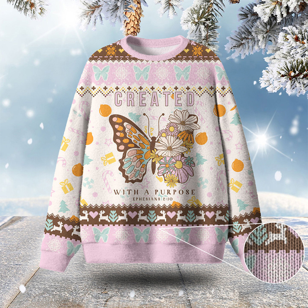 Butterfly Created With A Purpose Ugly Christmas Sweater Winter Clothing Xmas Gifts For Her