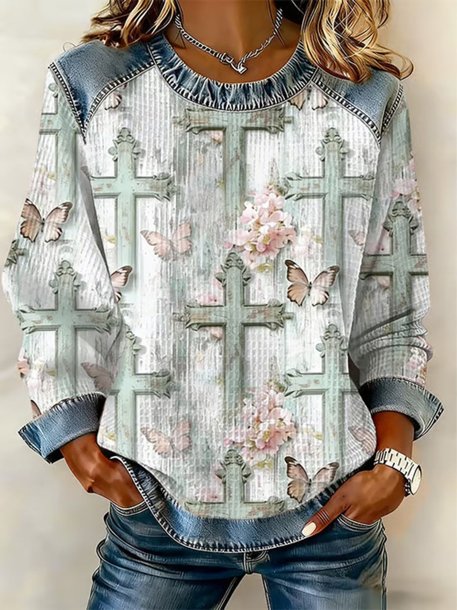 Butterfly Cross Waffle Long Sleeve Shirt Christian Faith Apparel Gift For Women