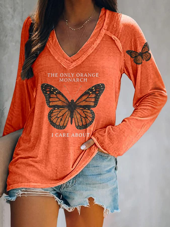 Butterfly FDT V-Neck T-Shirt Long Sleeve The Only Orange Monarch I Care About Shirt Women's Butterfly FDT V-Neck T-Shirt Long Sleeve The Only Orange Monarch I Care About Shirt Women's