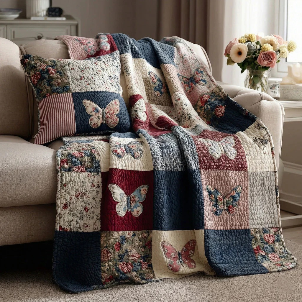 Butterfly Garden Patchwork Quilted Blanket Floral Decor Apparel Best Gift For Her Women