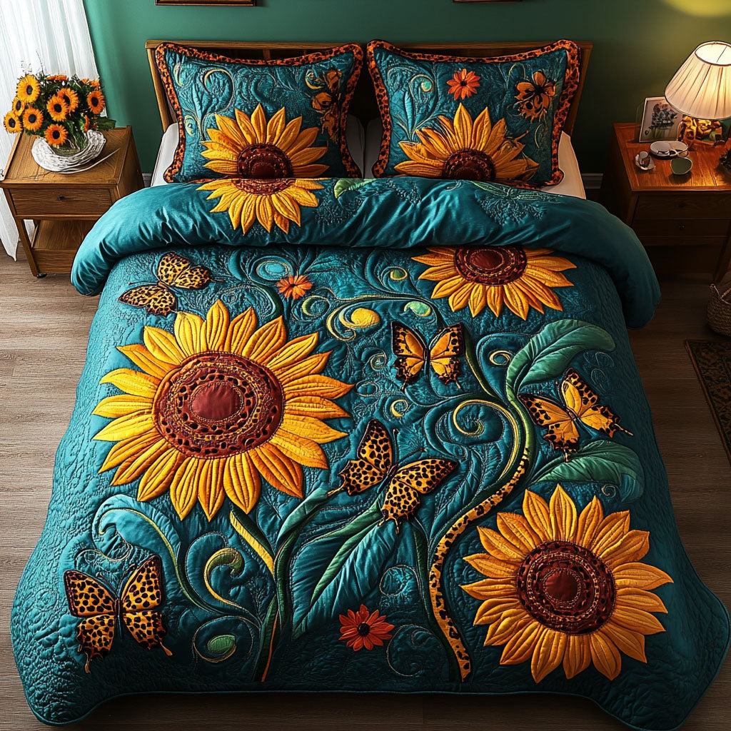 Butterfly Garden Quilted Bedding Set Cute Room Decor Sunflower Gifts For Friends