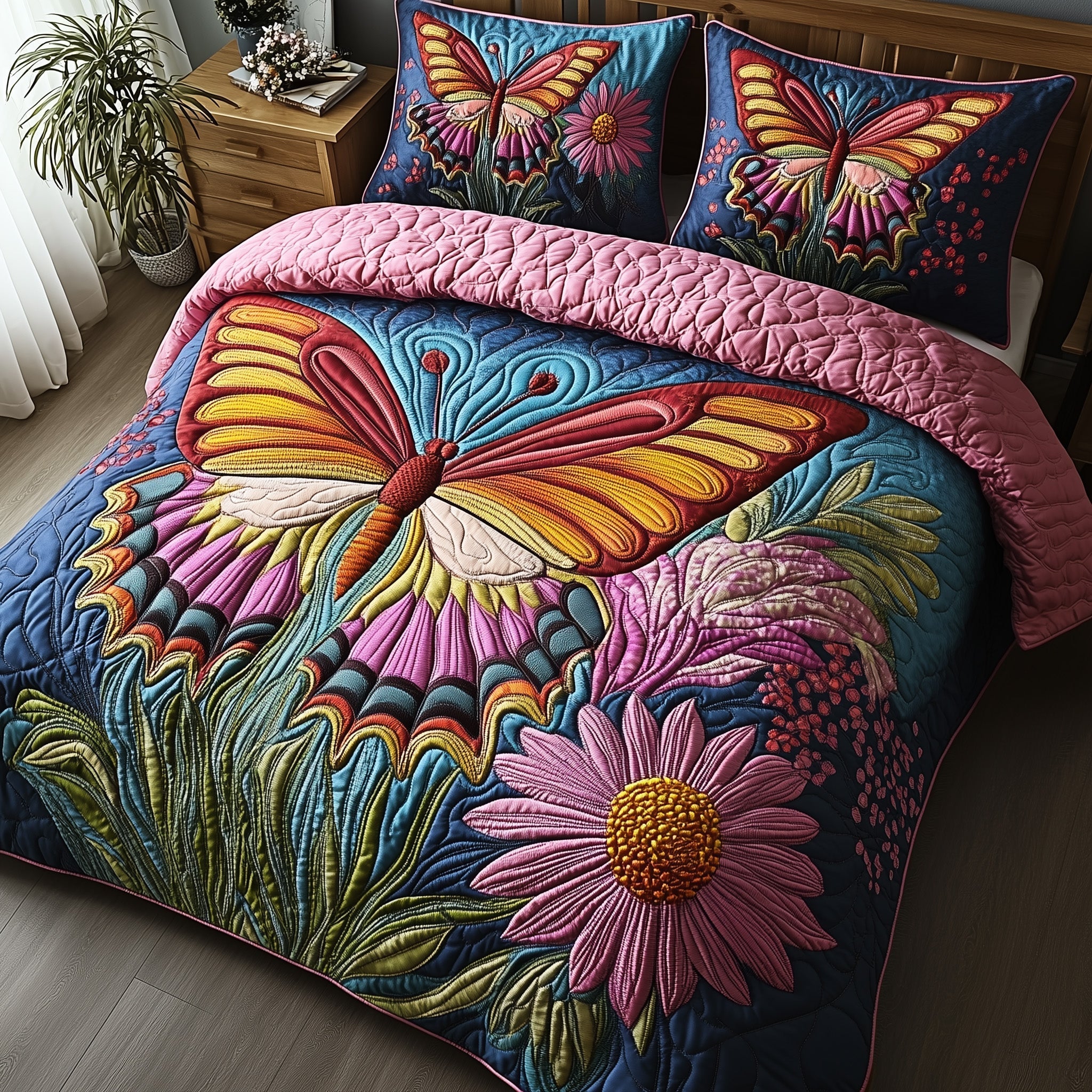 Butterfly Haven Quilted Bedding Set Boho Floral Bedroom Decor Best Gift For Butterfly Lovers