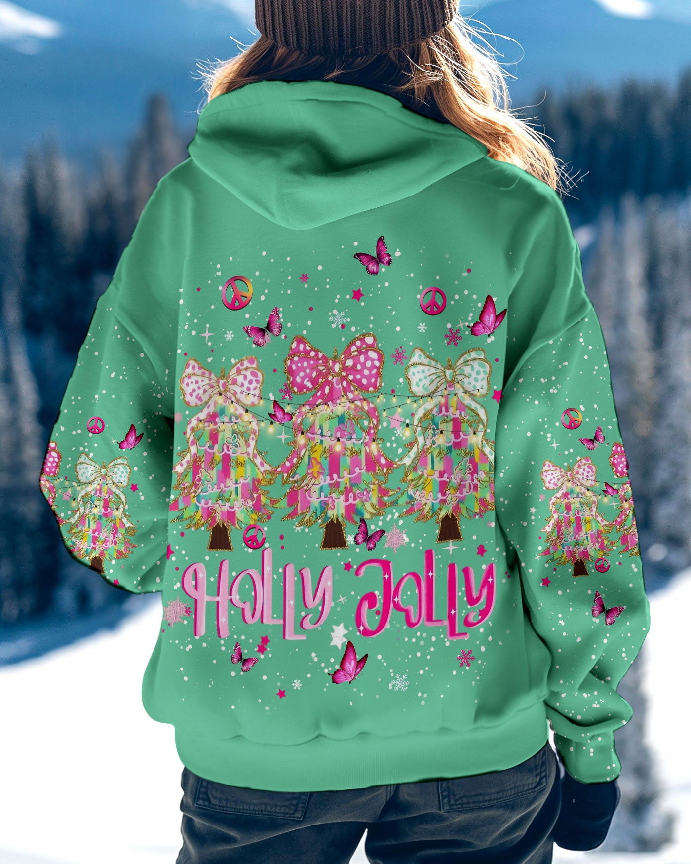 Butterfly Holly Jolly Christmas Trees With Bow Hoodie Cute Clothes Gifts For Christmas Winter