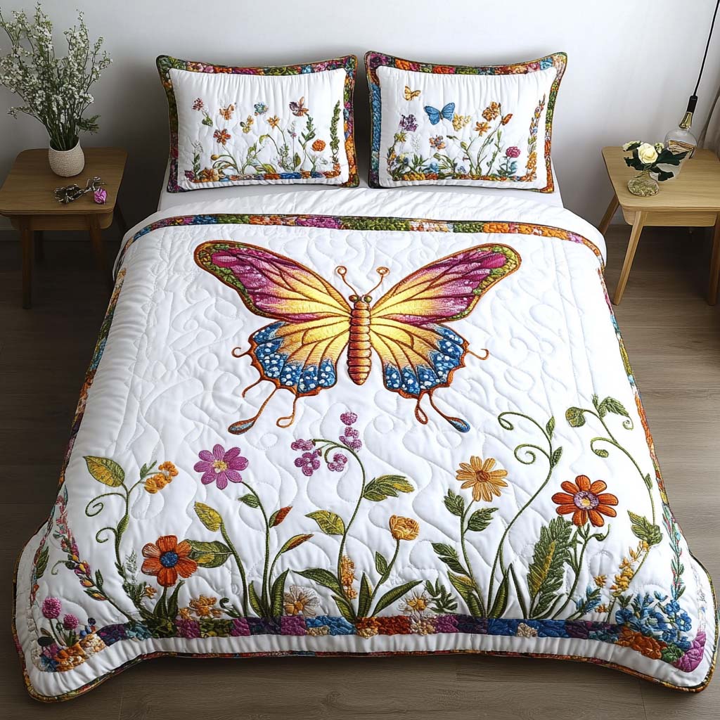 Butterfly Meadow Quilted Bedding Set Aesthetic Room Decor Unique Best Gifts For Butterfly Lovers