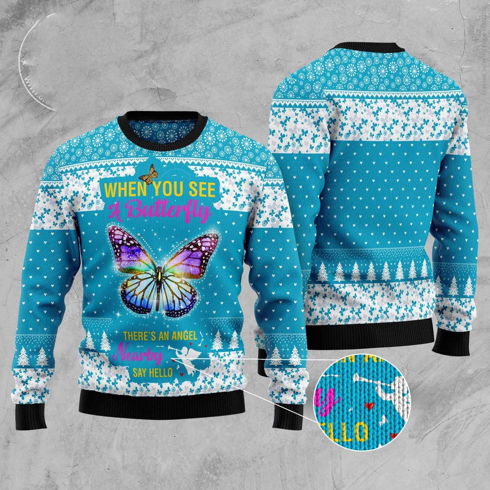 Butterfly Nearby Say Hello Ugly Christmas Sweater Funny Ugly Christmas Sweater Xmas Gifts