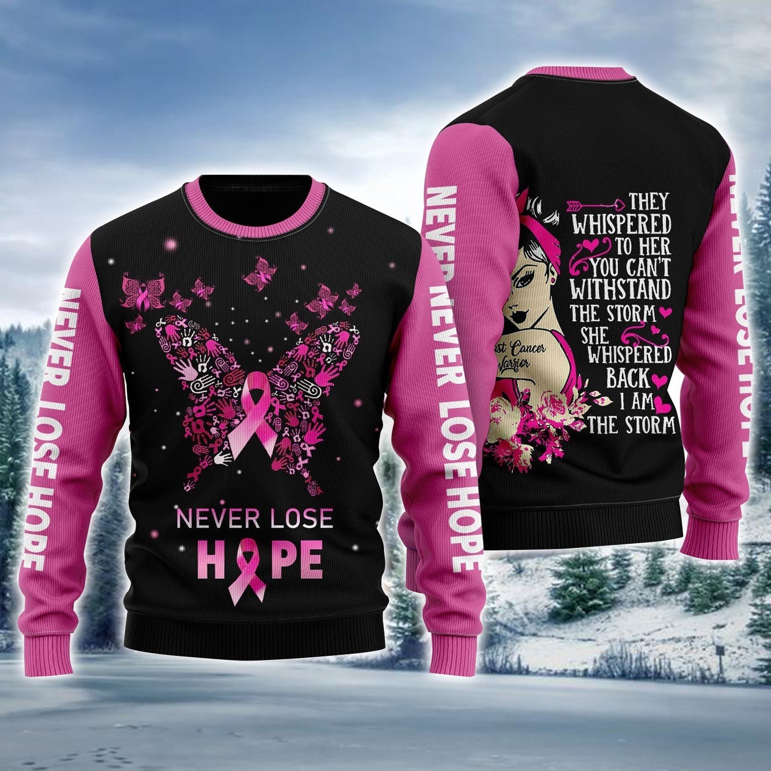 Butterfly Never Lose Hope Ugly Holiday Jumper Breast Cancer Warrior Sweaters Xmas Gifts