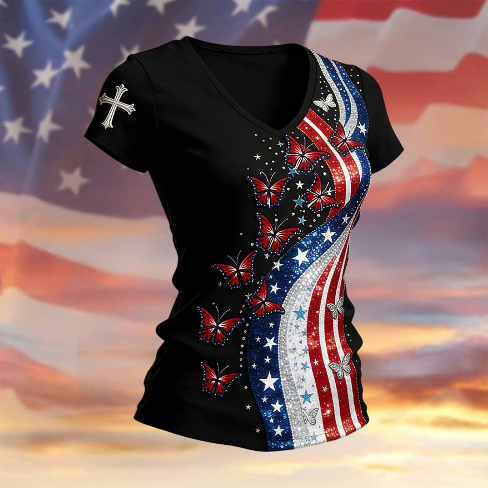 Butterfly Patriotic American Flag Faith V-Neck Shirt Independence Day Clothes Present For Wife