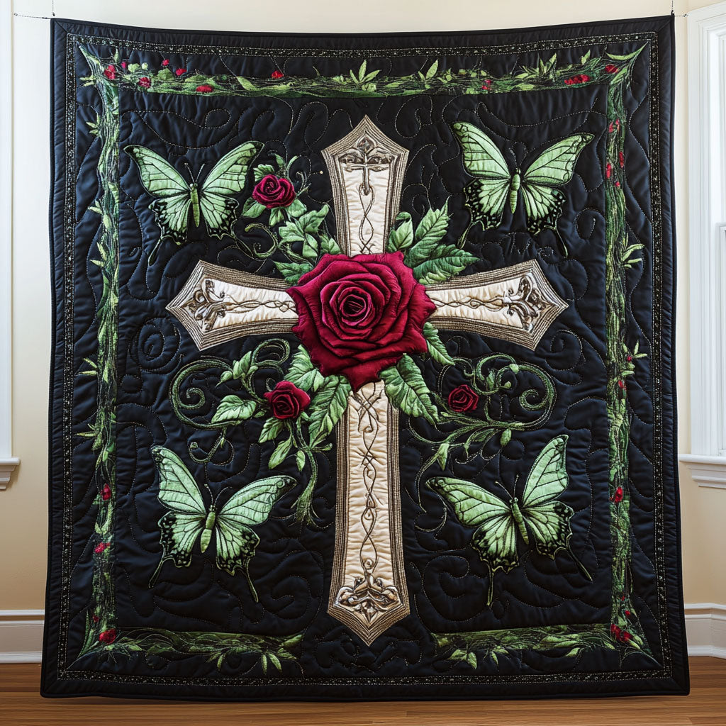 Butterfly Rose Cross Quilt Blanket Christian Blanket Religious Christmas Gifts