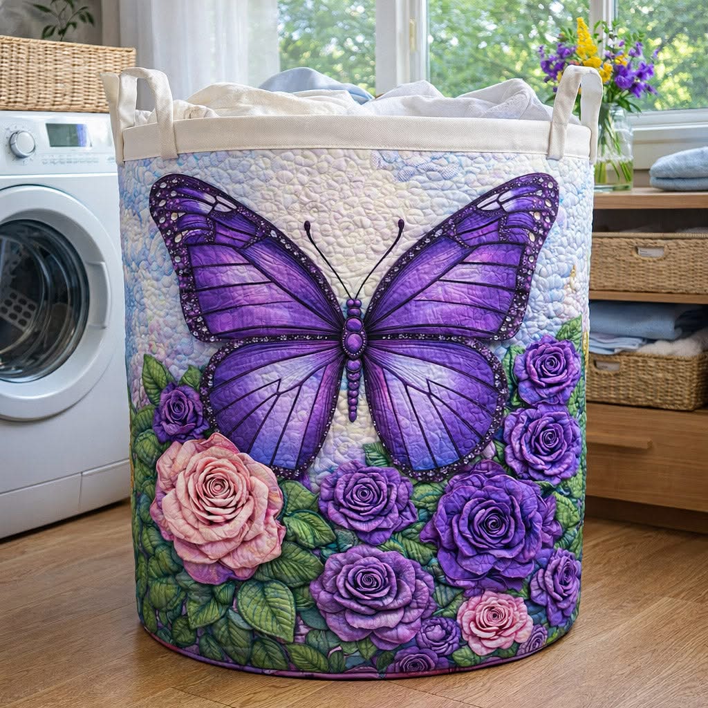 Butterfly Rose Floral Garden Quilted Laundry Basket Home Decor Unique Best Gift For Nature Lovers