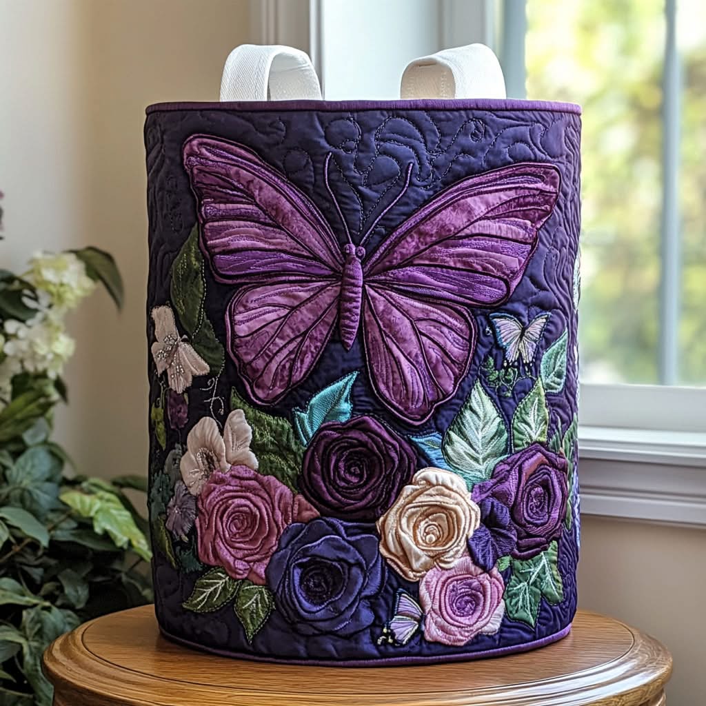 Butterfly Rose Garden Quilted Laundry Basket Floral Home Decor Beautiful Best Gift For Nature Lovers